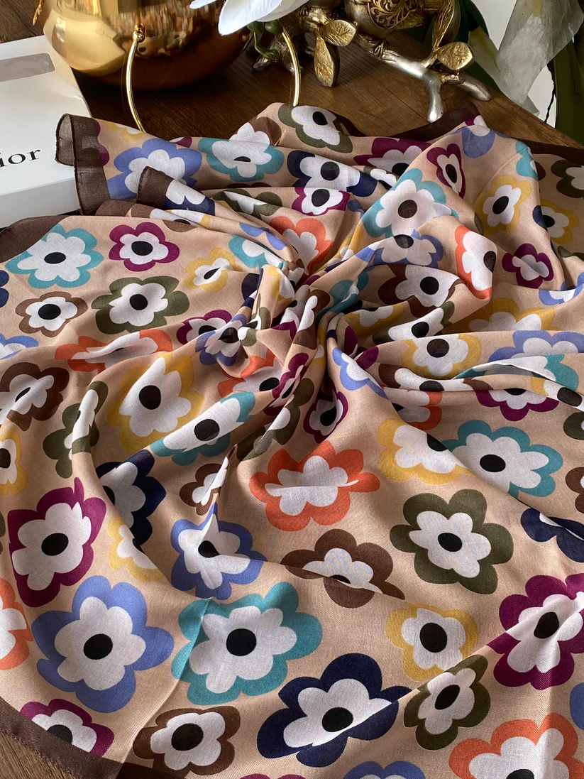 Çiçek Desen Pamuk Soft Eşarp - Camel