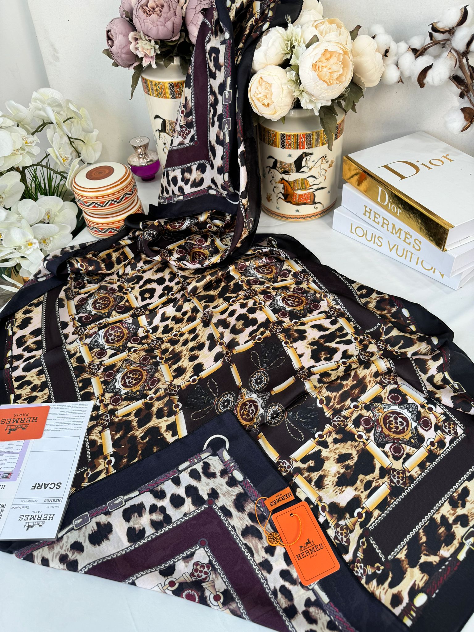 Hermes Leopar Çift Taradlı Vual İpek Şal 11143 - bordo - Görsel 3