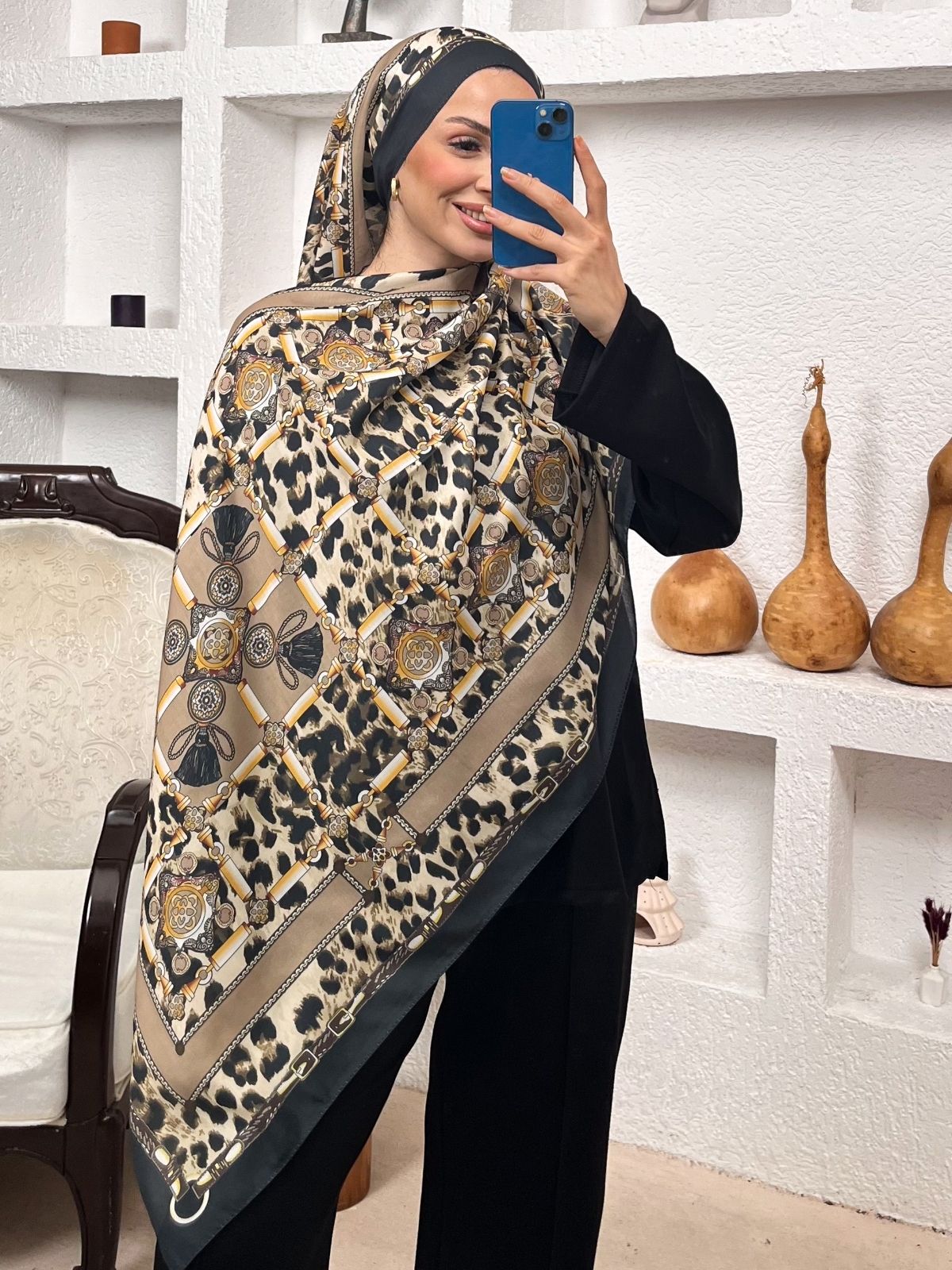 Hermes Leopar Pamuk Soft Şal 65329 - Latte