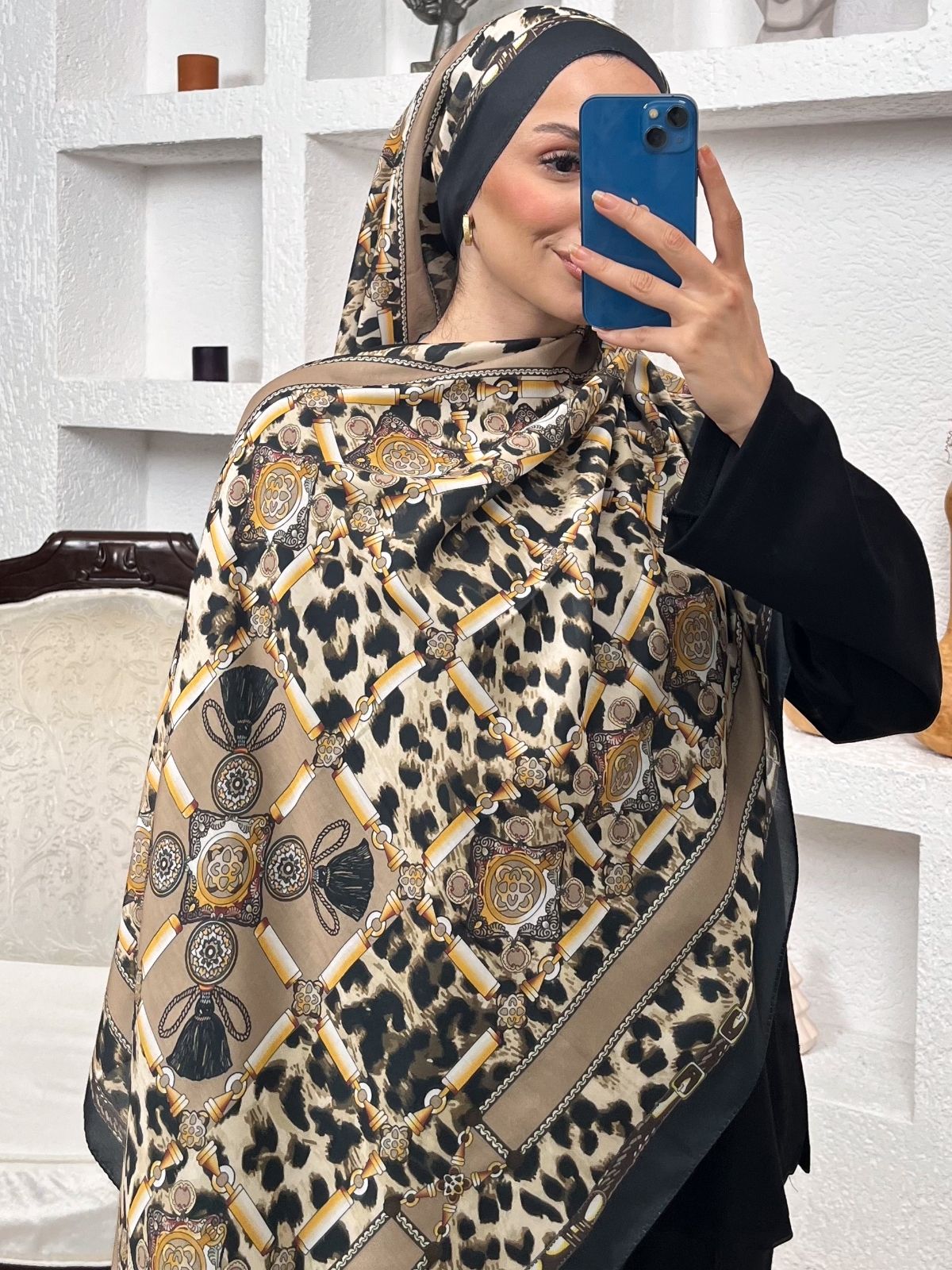 Hermes Leopar Pamuk Soft Şal 65329 - Latte - Görsel 2