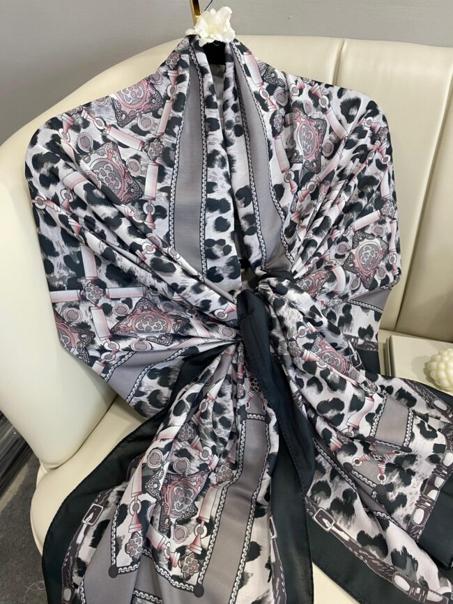 Hermes Leopar Pamuk Soft Şal 65329 - Siyah-Gri