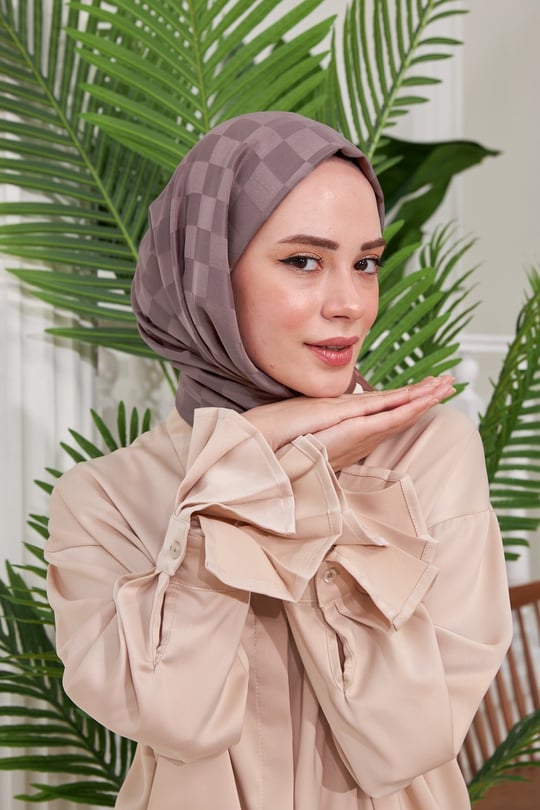 Bonjela Dama Desen Jakar Şal - Koyu Vizon - Organic ScarfsOrganic Scarfs