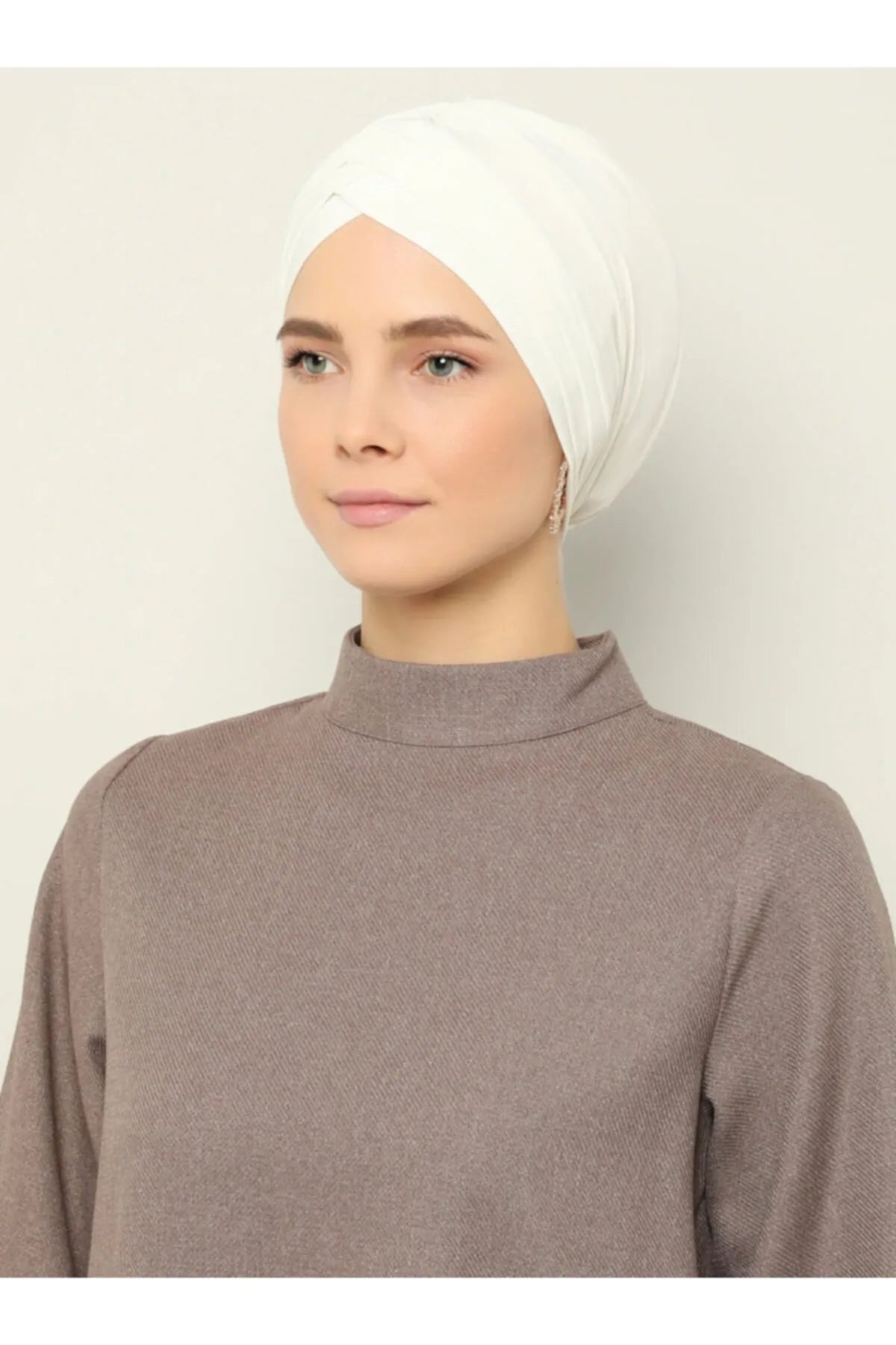 Çapraz Üç Bantlı Dış Bone Hazır Türban - Ekru - Organic ScarfsOrganic Scarfs