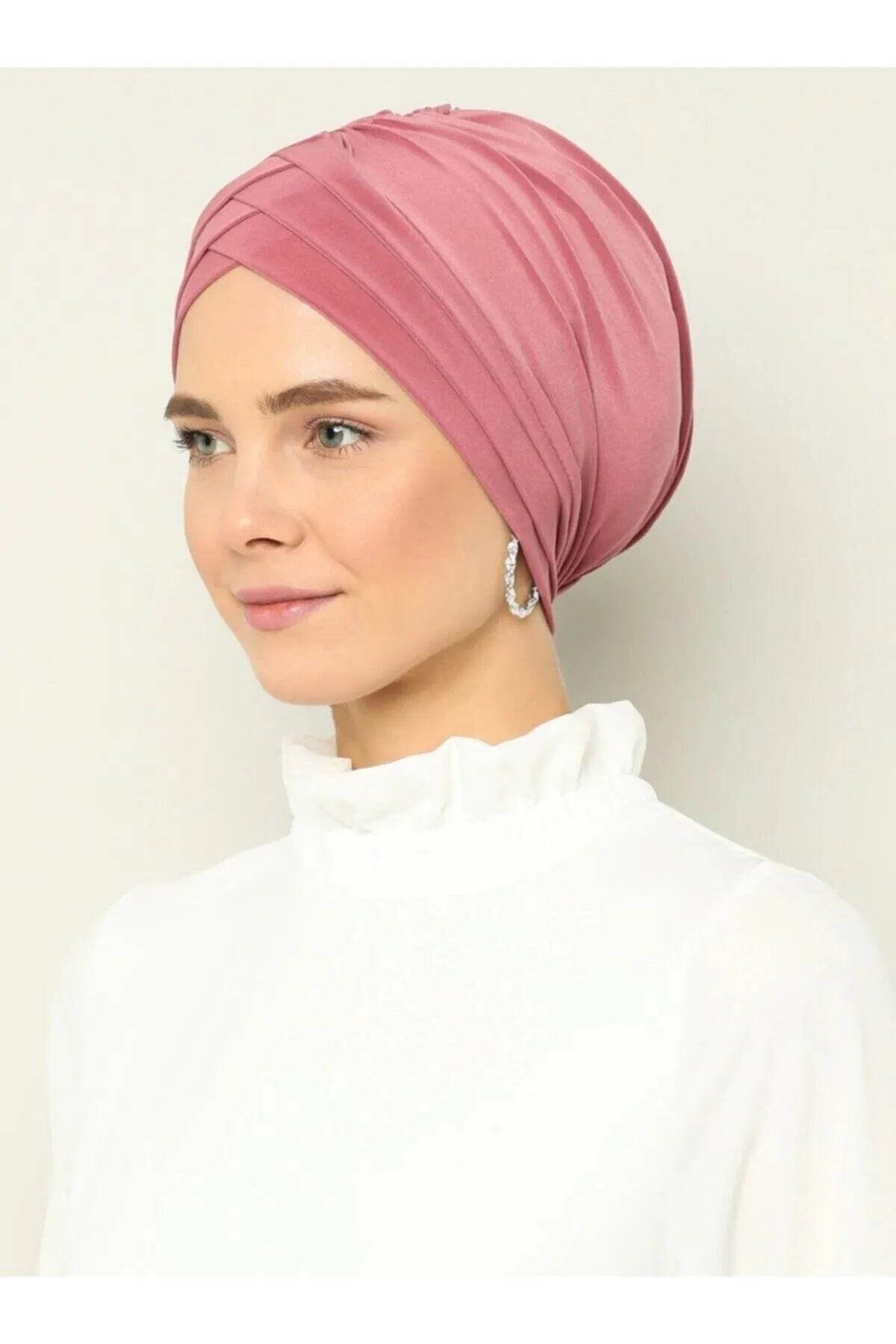 Çapraz Üç Bantlı Dış Bone Hazır Türban - Gül Kurusu - Organic ScarfsOrganic Scarfs