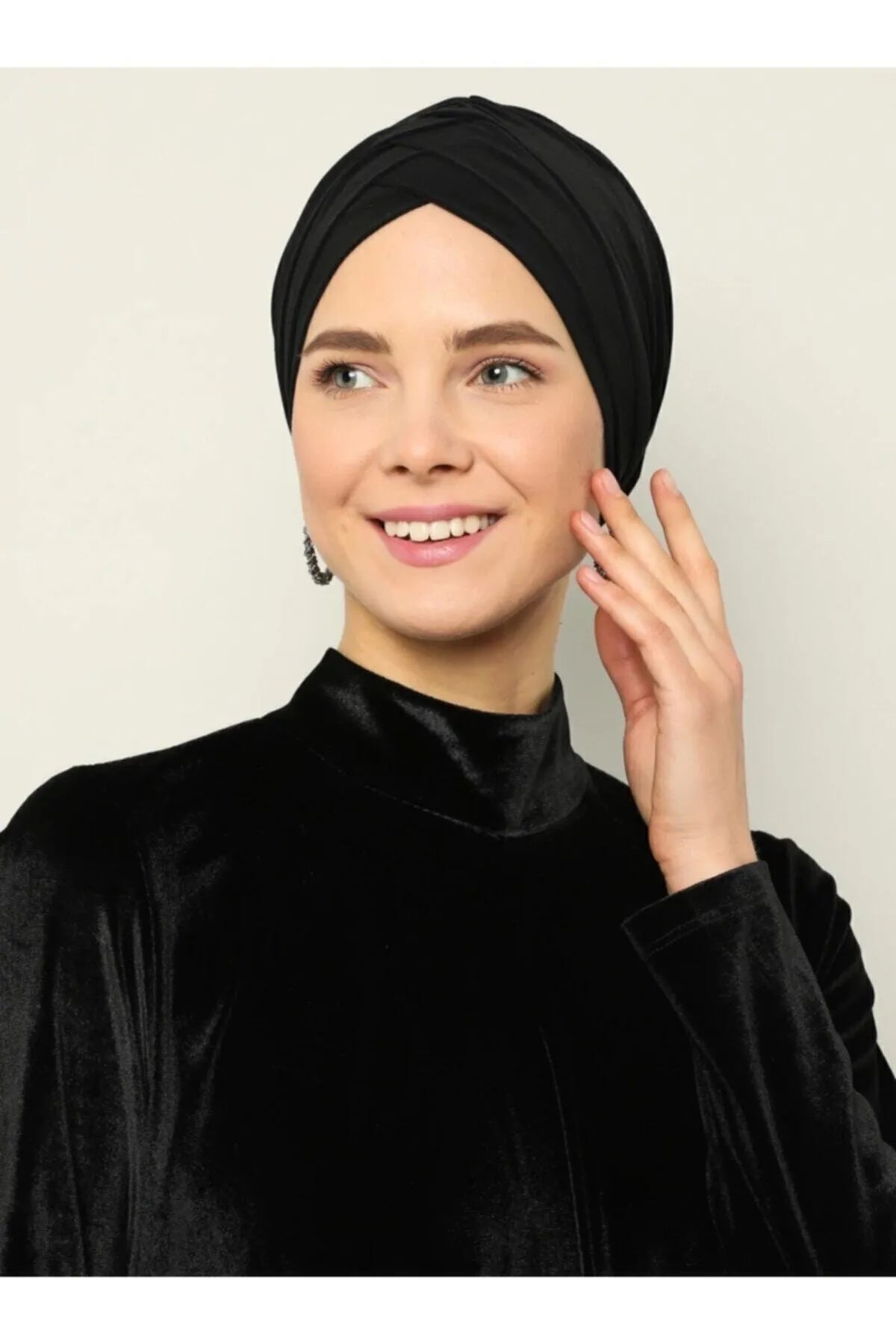 Çapraz Üç Bantlı Dış Bone Hazır Türban Siyah - Organic ScarfsOrganic Scarfs