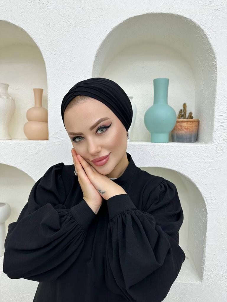 Çapraz Üç Bantlı Dış Bone Hazır Türban - Siyah - Organic ScarfsOrganic Scarfs