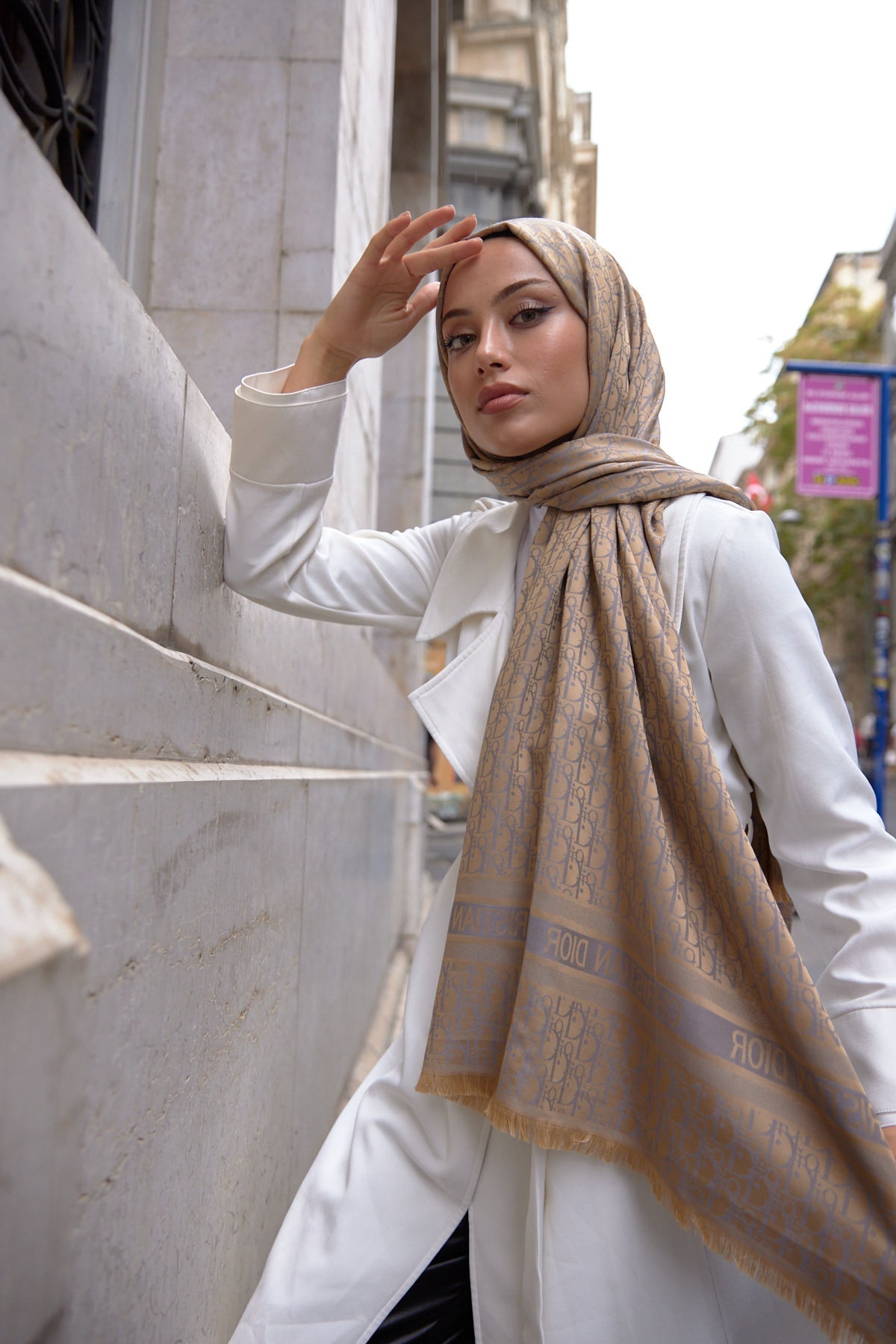 D'OR DESENLİ İPEK KAŞMİR ÇİFT TARAFLI ŞAL - Bej Mavi - Organic ScarfsOrganic Scarfs