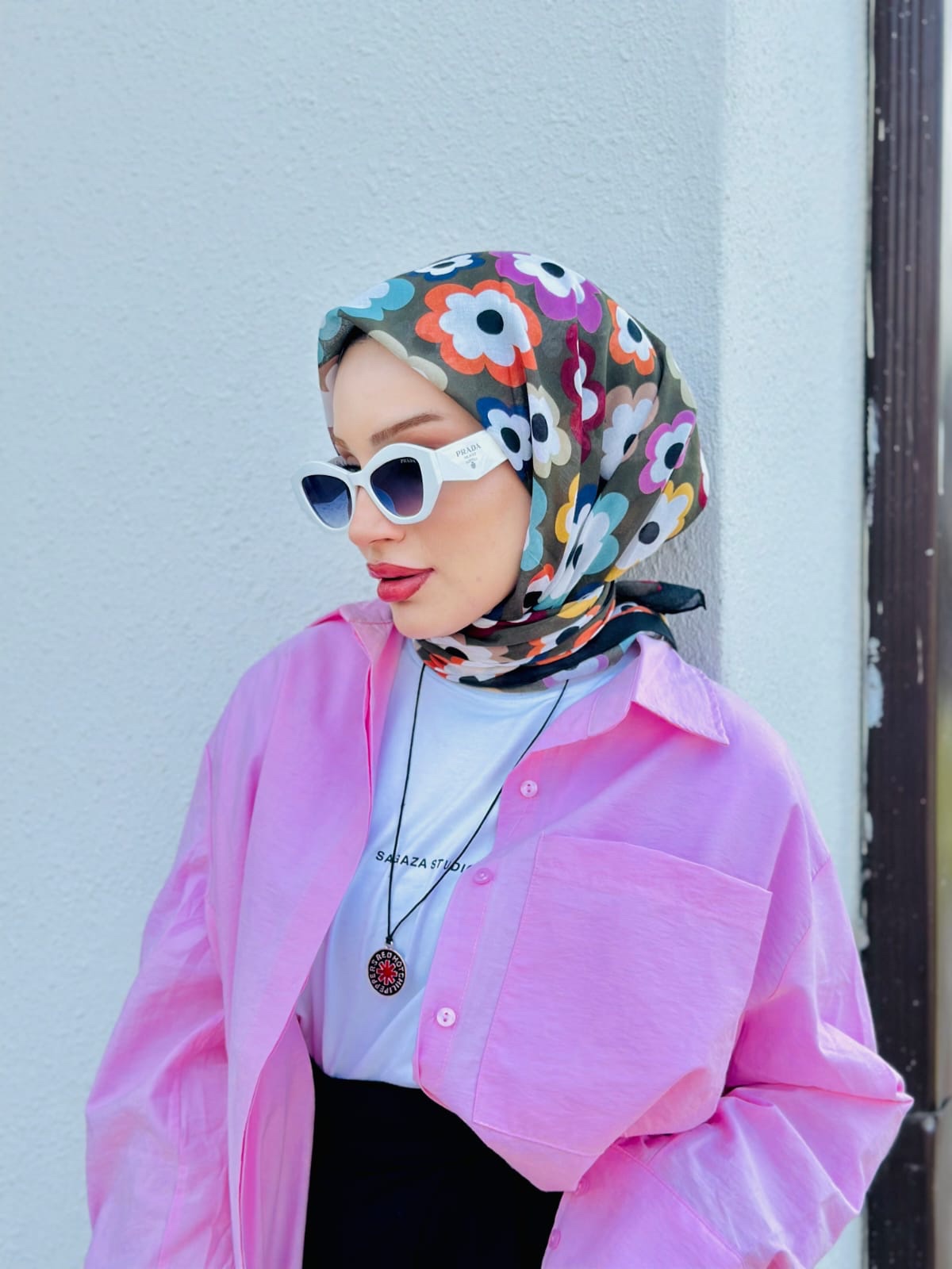 Çiçek Desen Pamuk Soft Eşarp - Haki