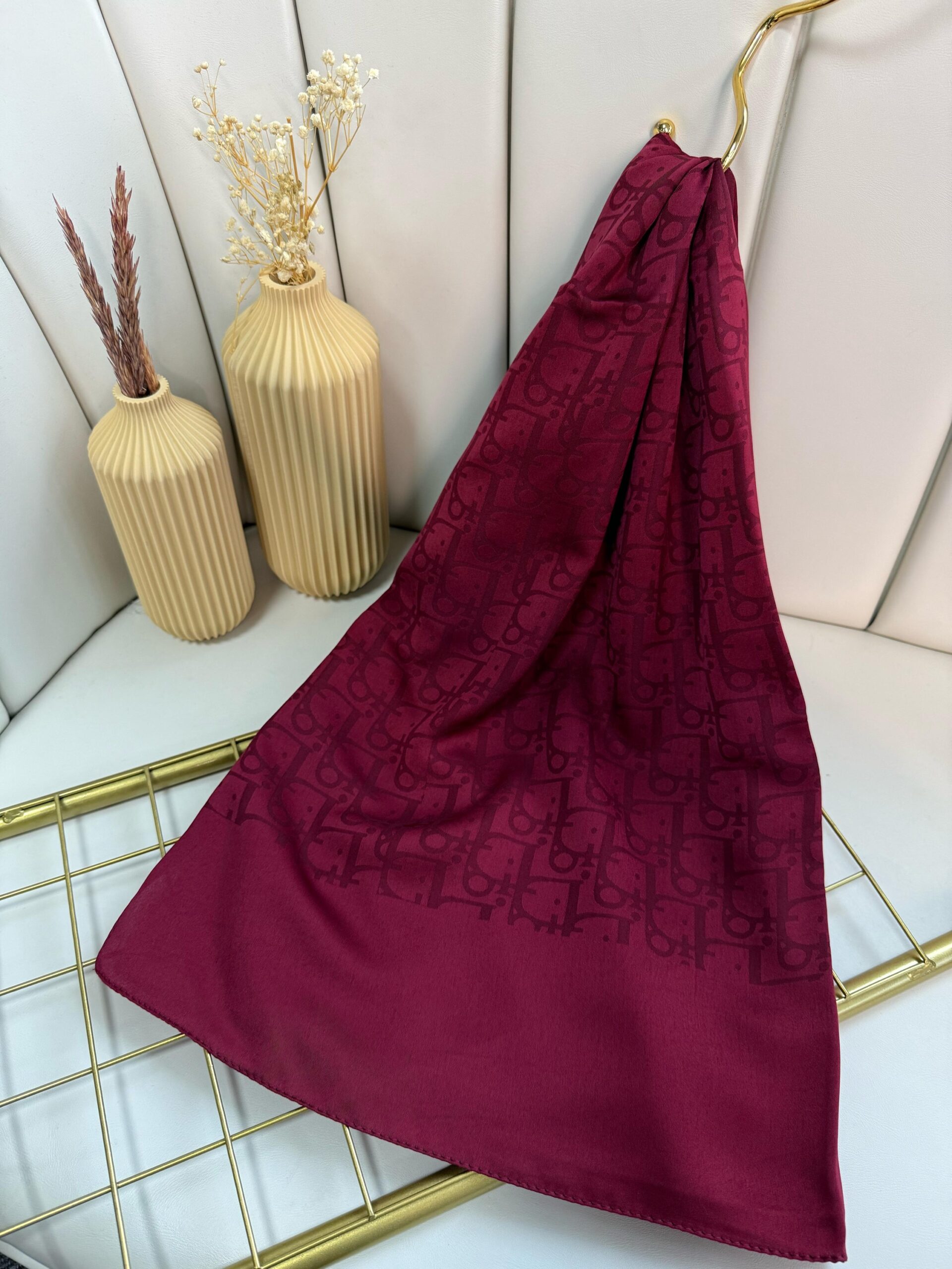 Dior Desen Pamuk İpeksi Jakar Şal 88731 - Bordo - Görsel 3