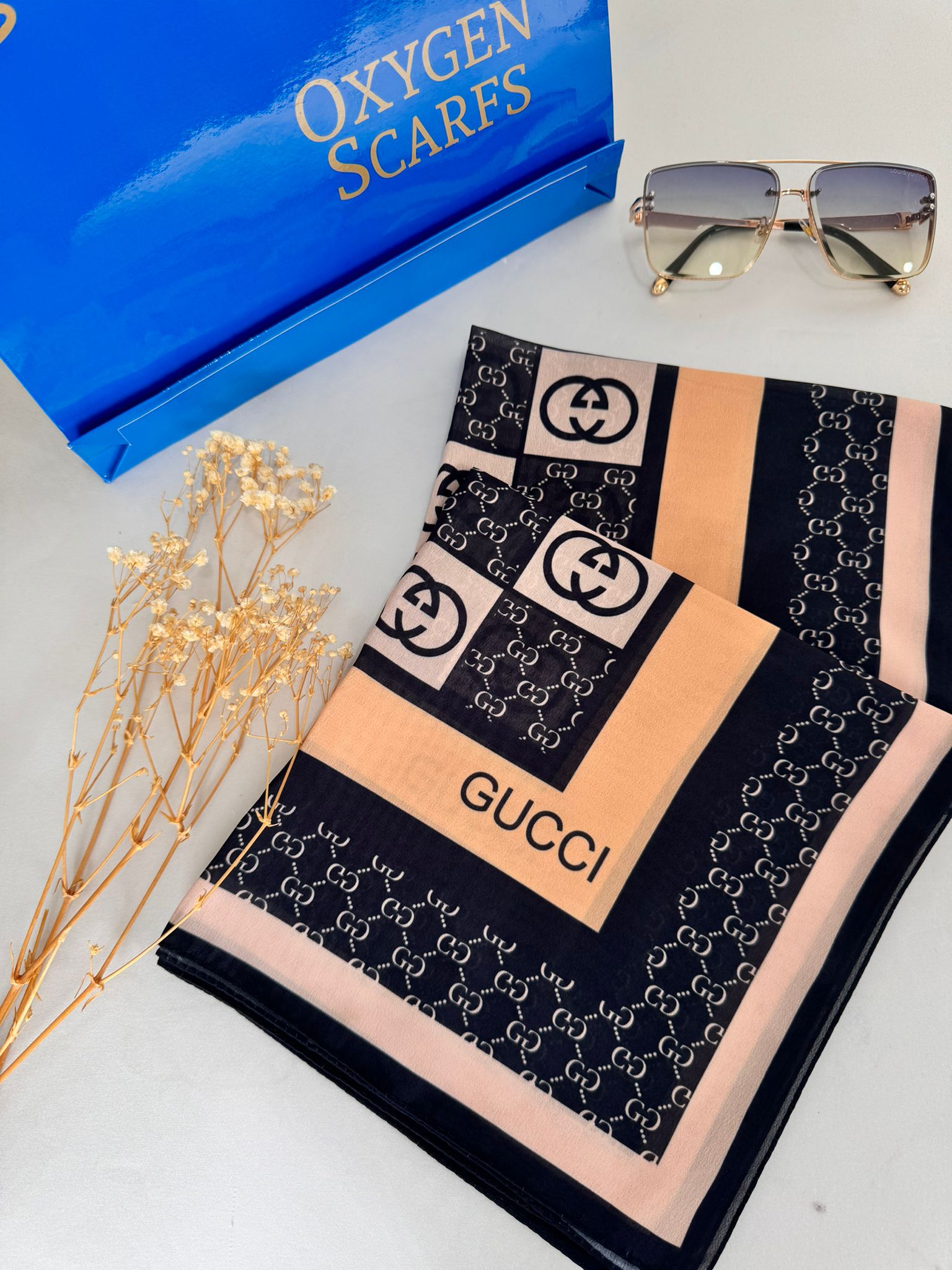 Gucci Krep İpek Eşarp 44125 - Sütlü Kahve