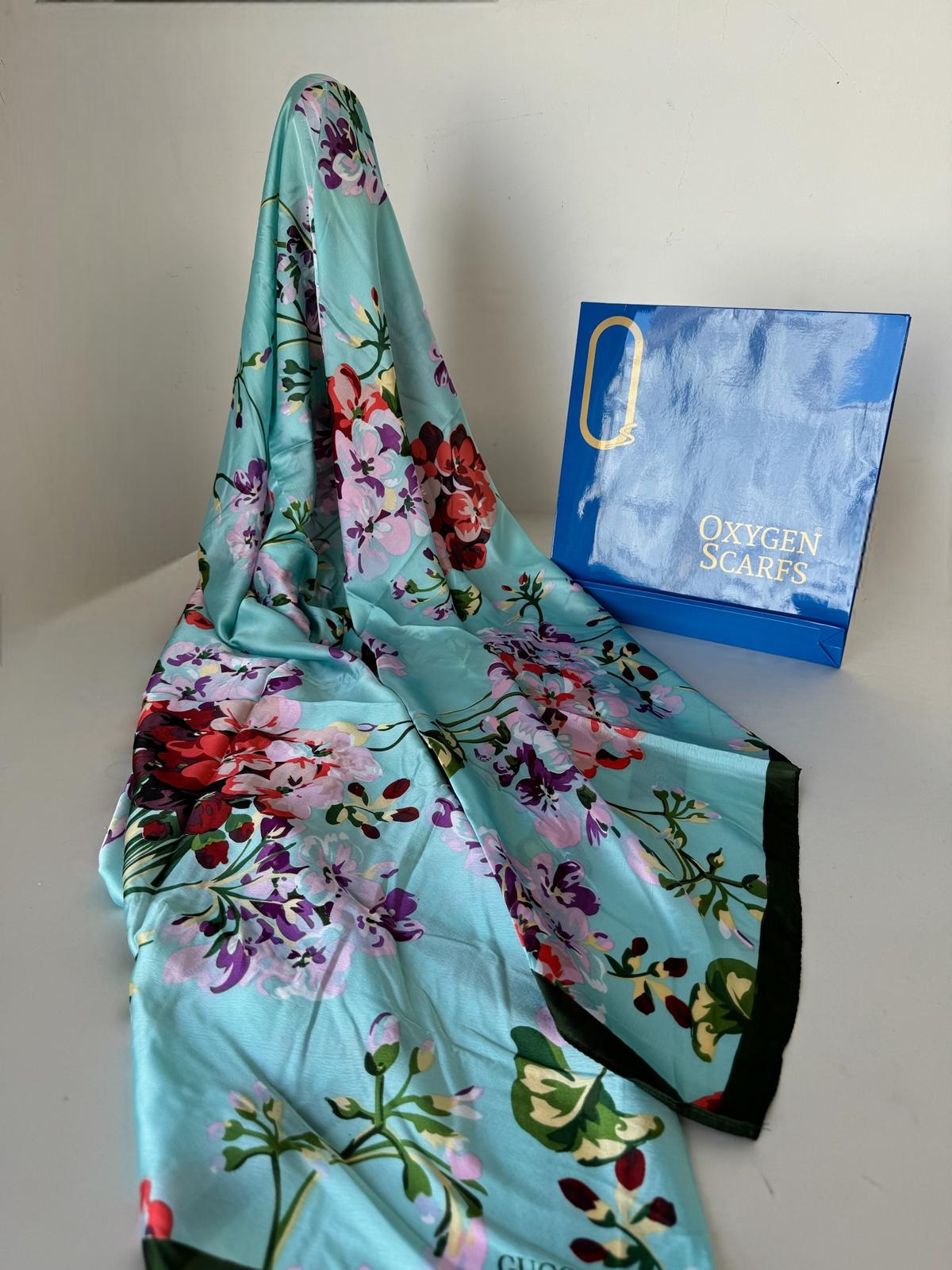 Gucci Çiçek Desen İthal Vual İpek Şal 014461 - Gök Mavisi