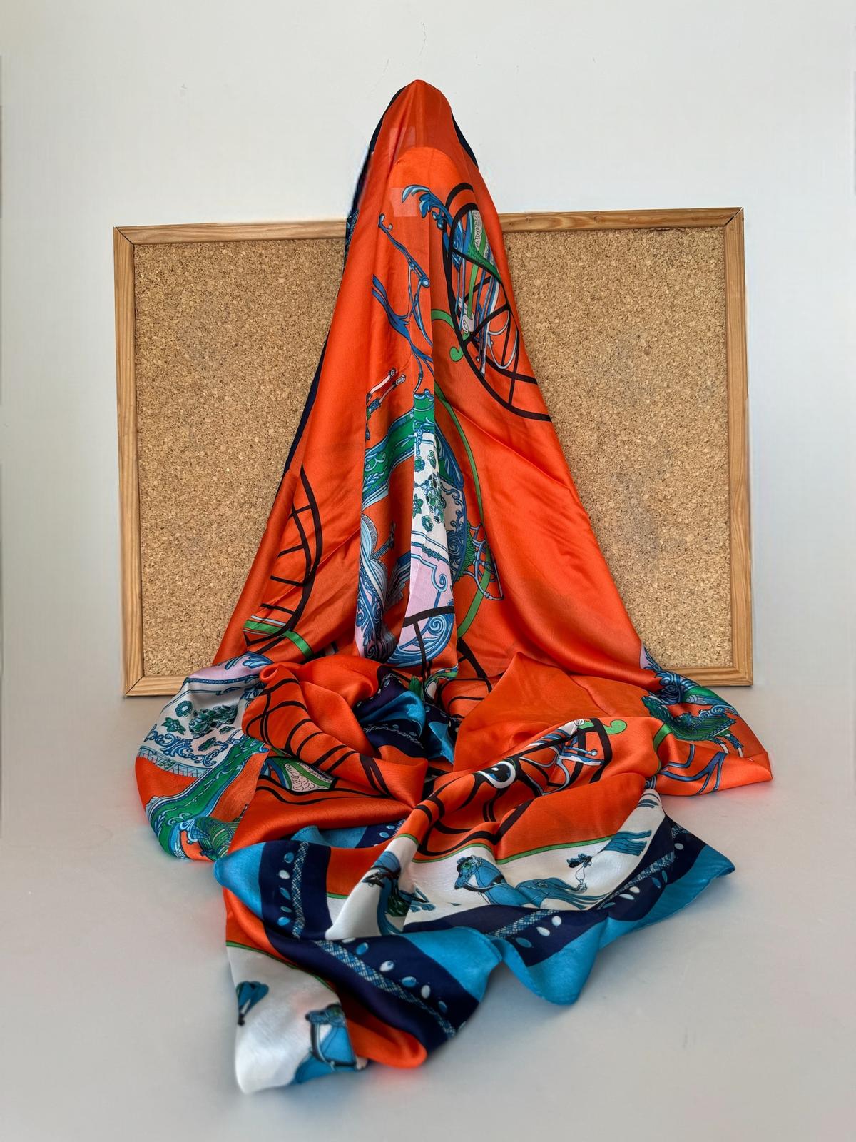 Hermes Otantik Desen İthal Vual İpek Şal 014461 - Turuncu