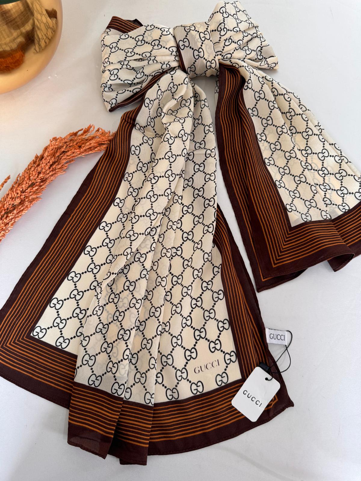 Gucci Monogram İthal Vual İpek Şal 014461 - Kızıl Kahve