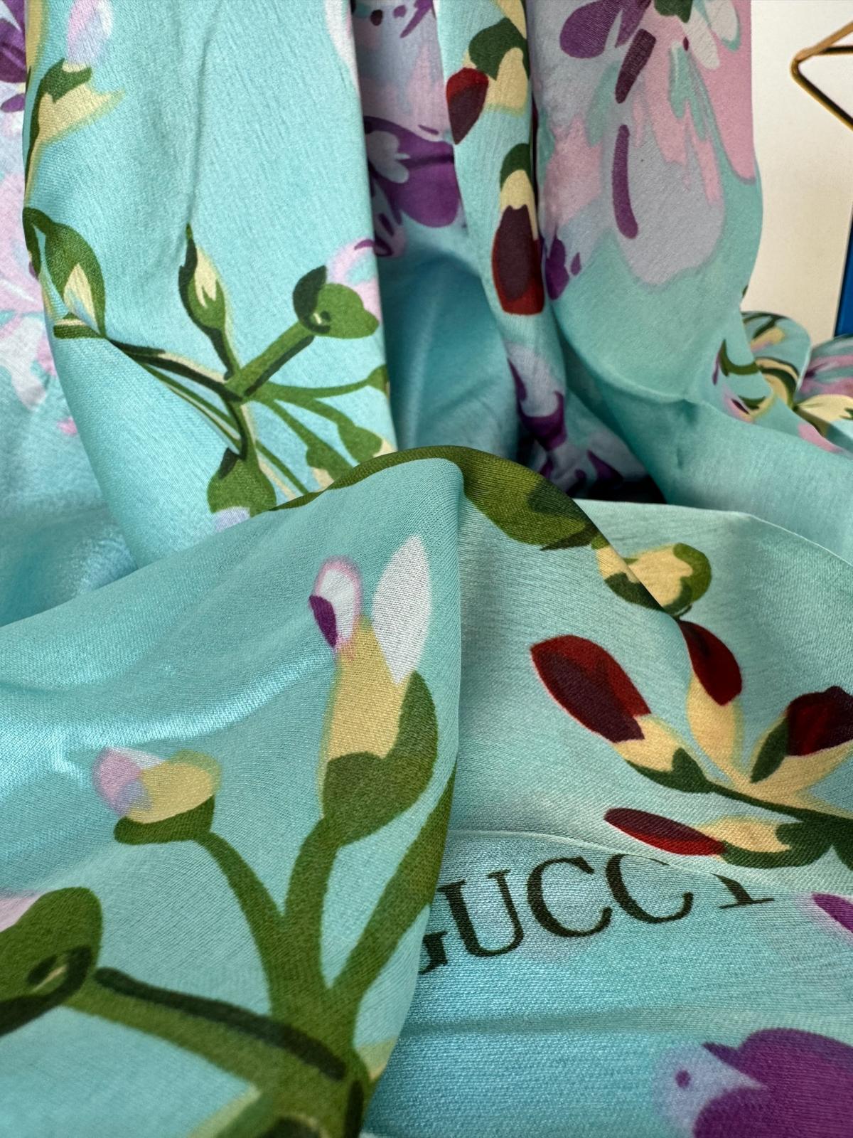 Gucci Çiçek Desen İthal Vual İpek Şal 014461 - Gök Mavisi - Görsel 2