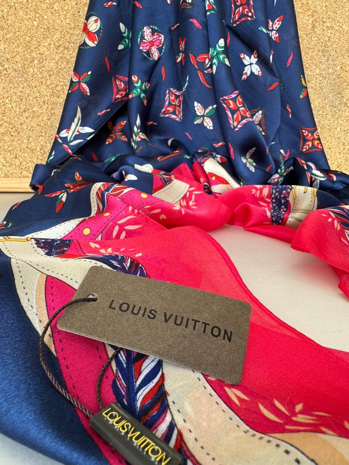 Louis Vuitton Etnik Desen İthal Vual İpek Şal 014461 - Lacivert/Fuşya - Görsel 2