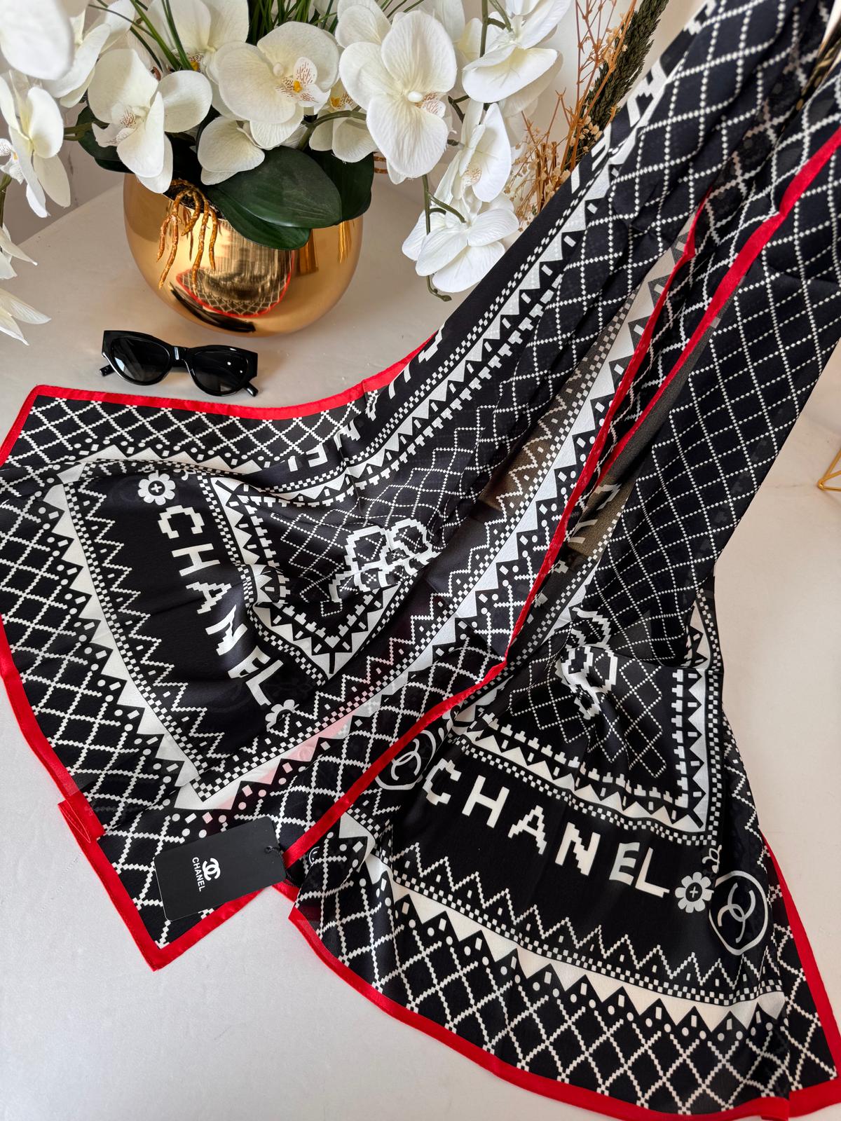 Chanel İthal Vual İpek Şal 014461 - Kırmızı/Siyah