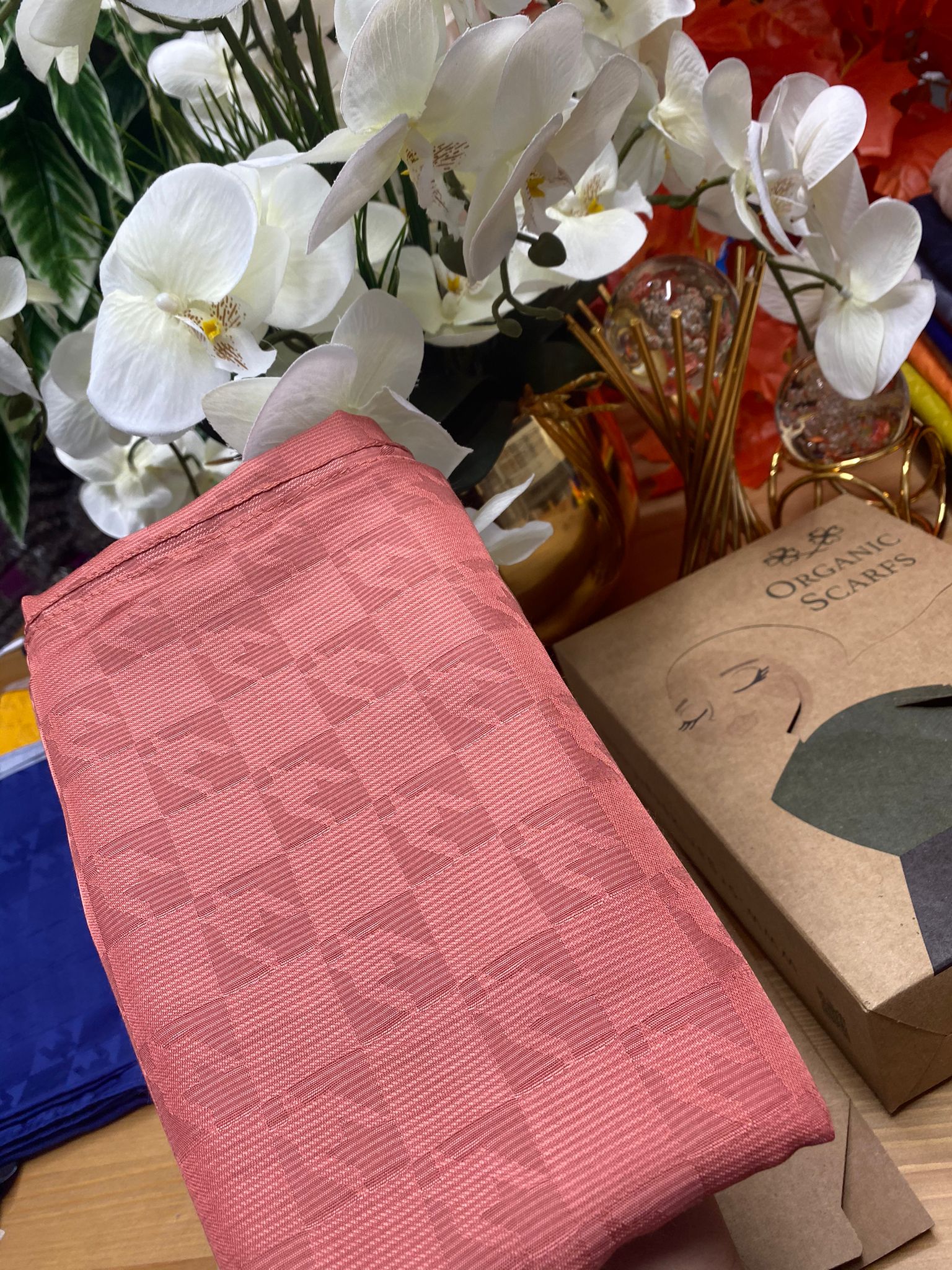 Kazayağı Damalı Desen Pamuk İpek Jakar Şal - japon Kirazı - Organic ScarfsOrganic Scarfs