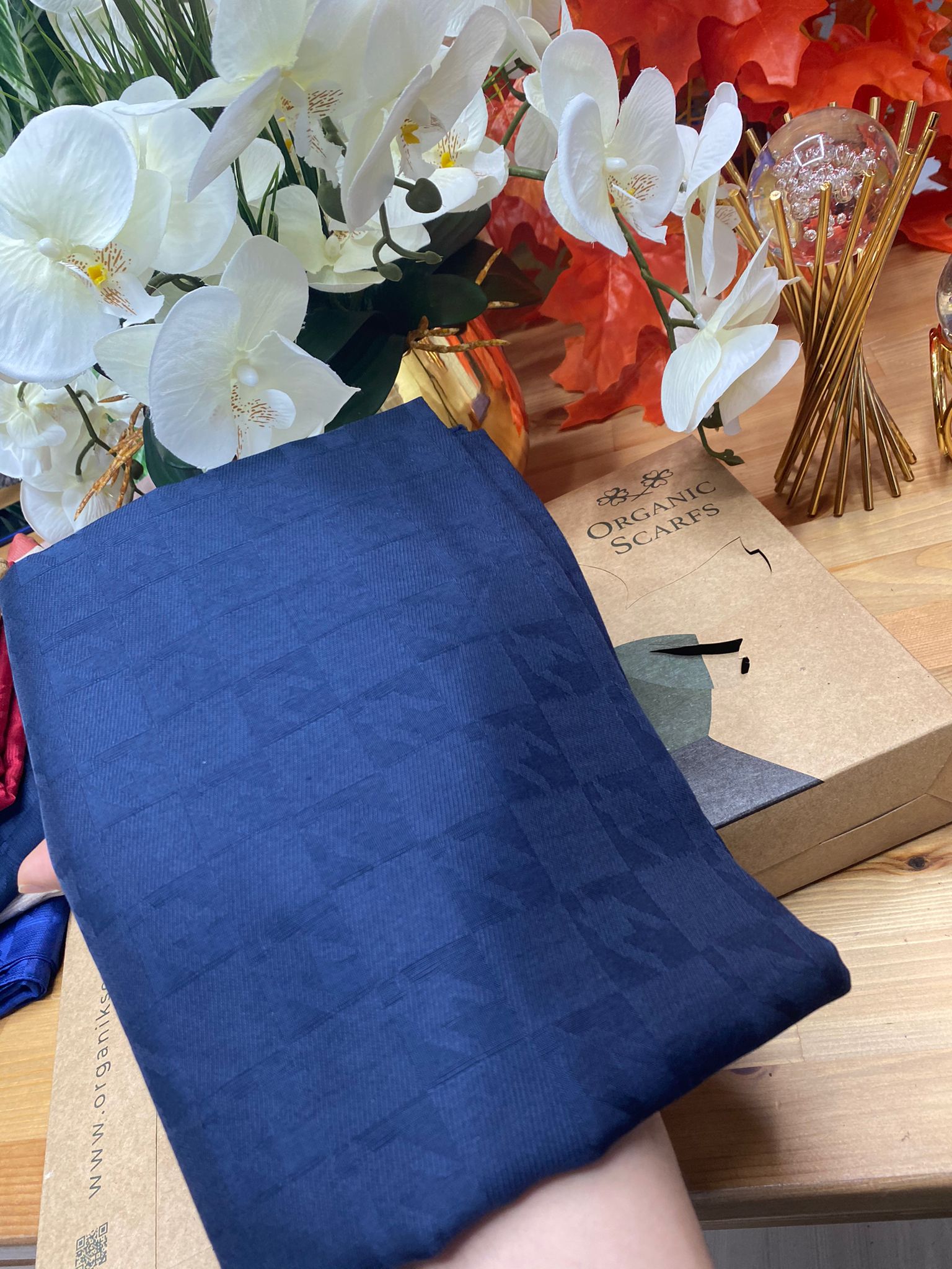 Kazayağı Damalı Desen Pamuk İpek Jakar Şal - Lacivert - Organic ScarfsOrganic Scarfs