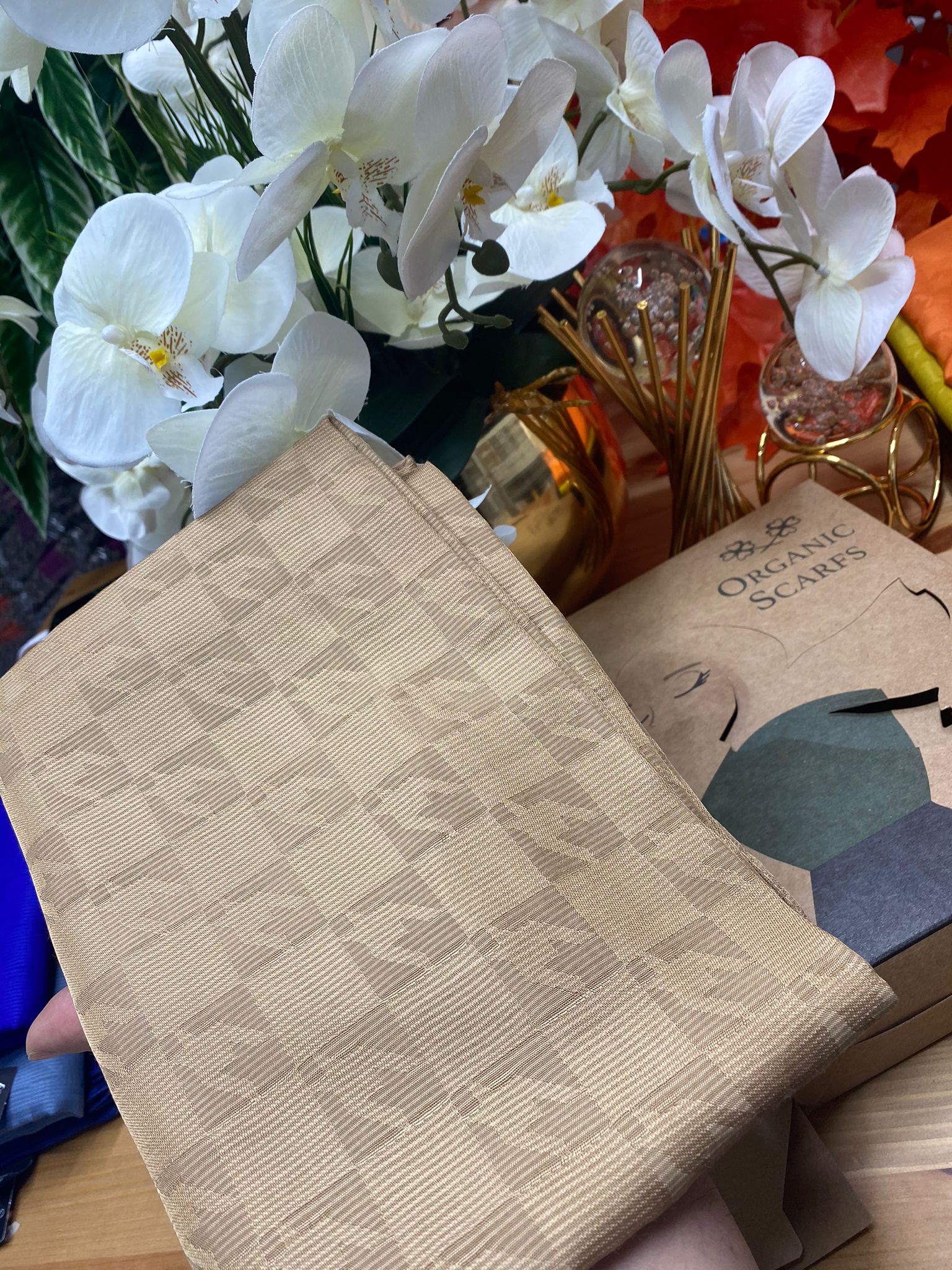 Kazayağı Damalı Desen Pamuk İpek Jakar Şal - Mocha - Organic ScarfsOrganic Scarfs