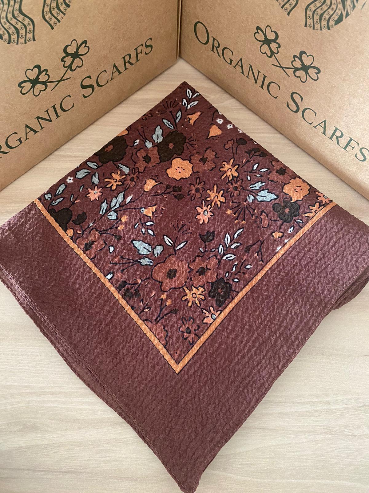 Mio Cazz Çiçek Desenli Eşarp - Kahverengi - Organic ScarfsOrganic Scarfs