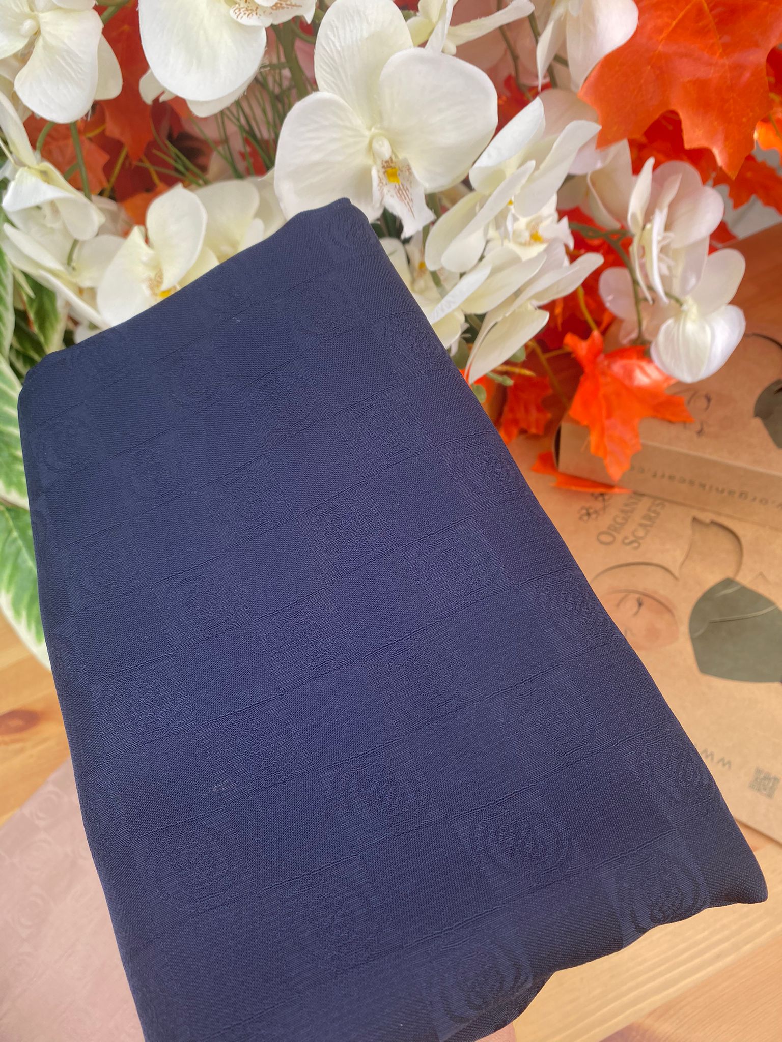 Monogram Desen Pamuk İpek Jakar Şal - Gece Mavisi - Organic ScarfsOrganic Scarfs