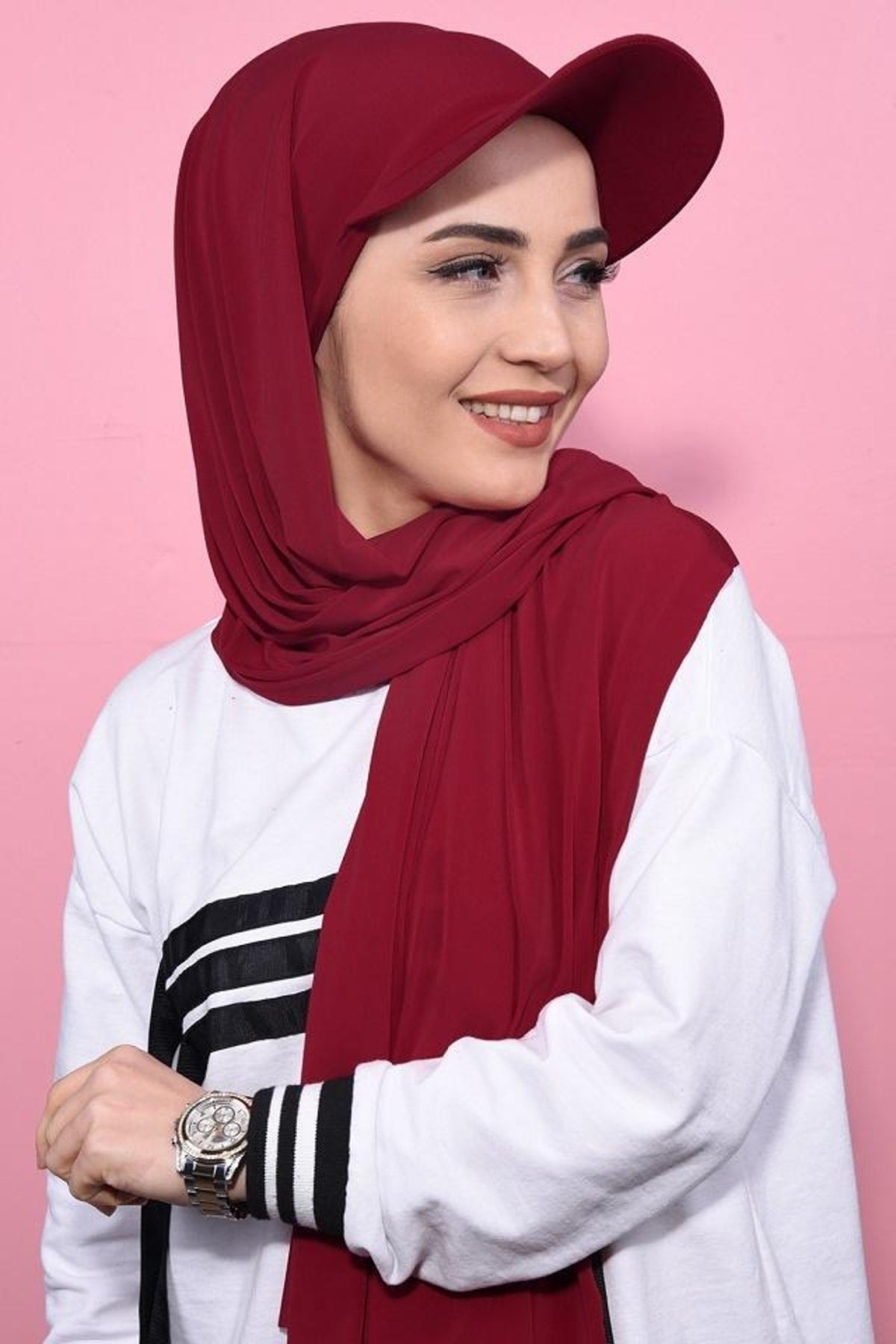 Organic Scarfs Kadın Tesettür Şapkalı Pratik Şal Hijap Bone Model Eşarp Şal - Bordo - Organic ScarfsOrganic Scarfs