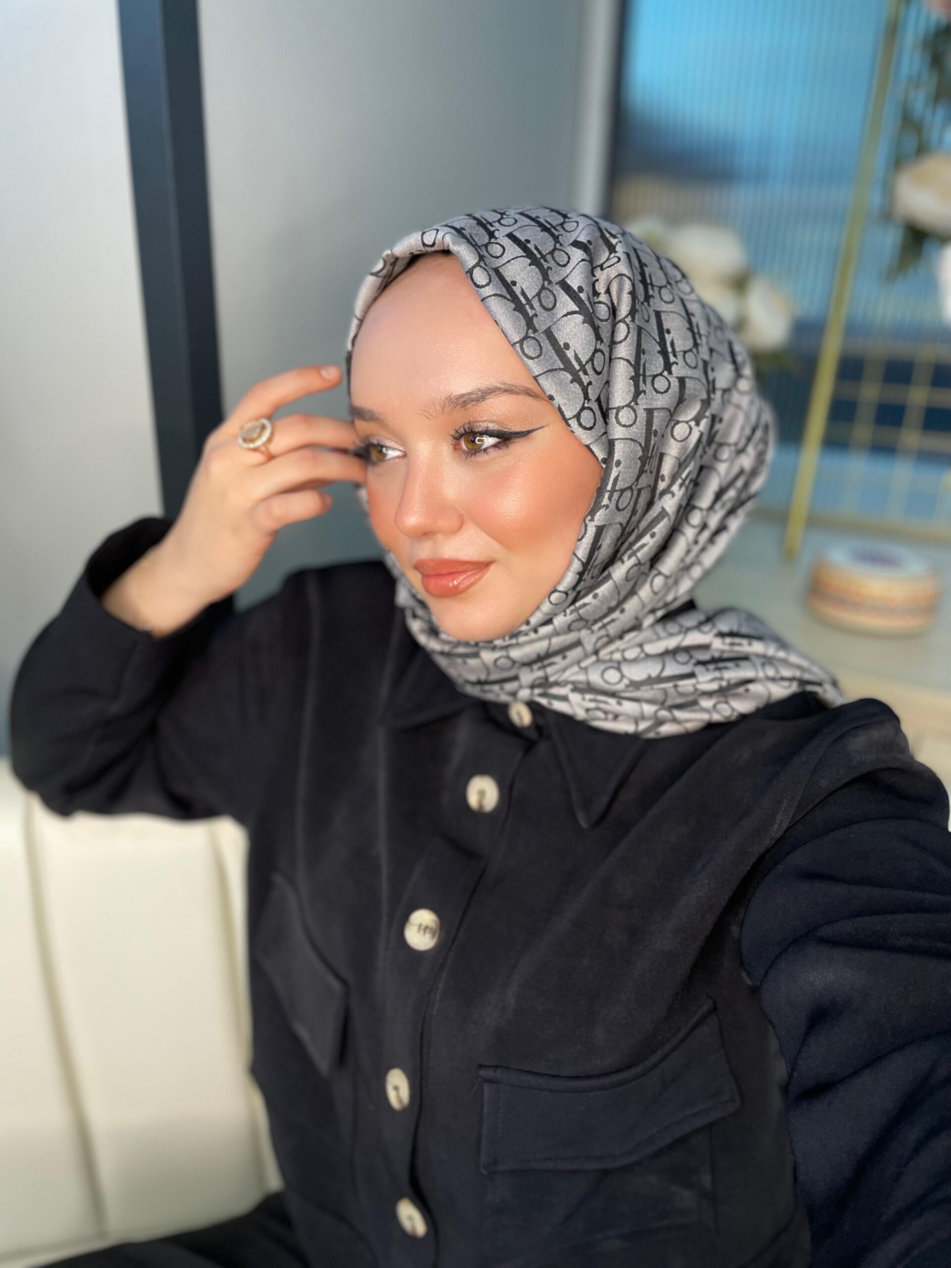Dior Desenli İpek Kaşmir Çift Taraflı Şal 78002 - Siyah - Gri