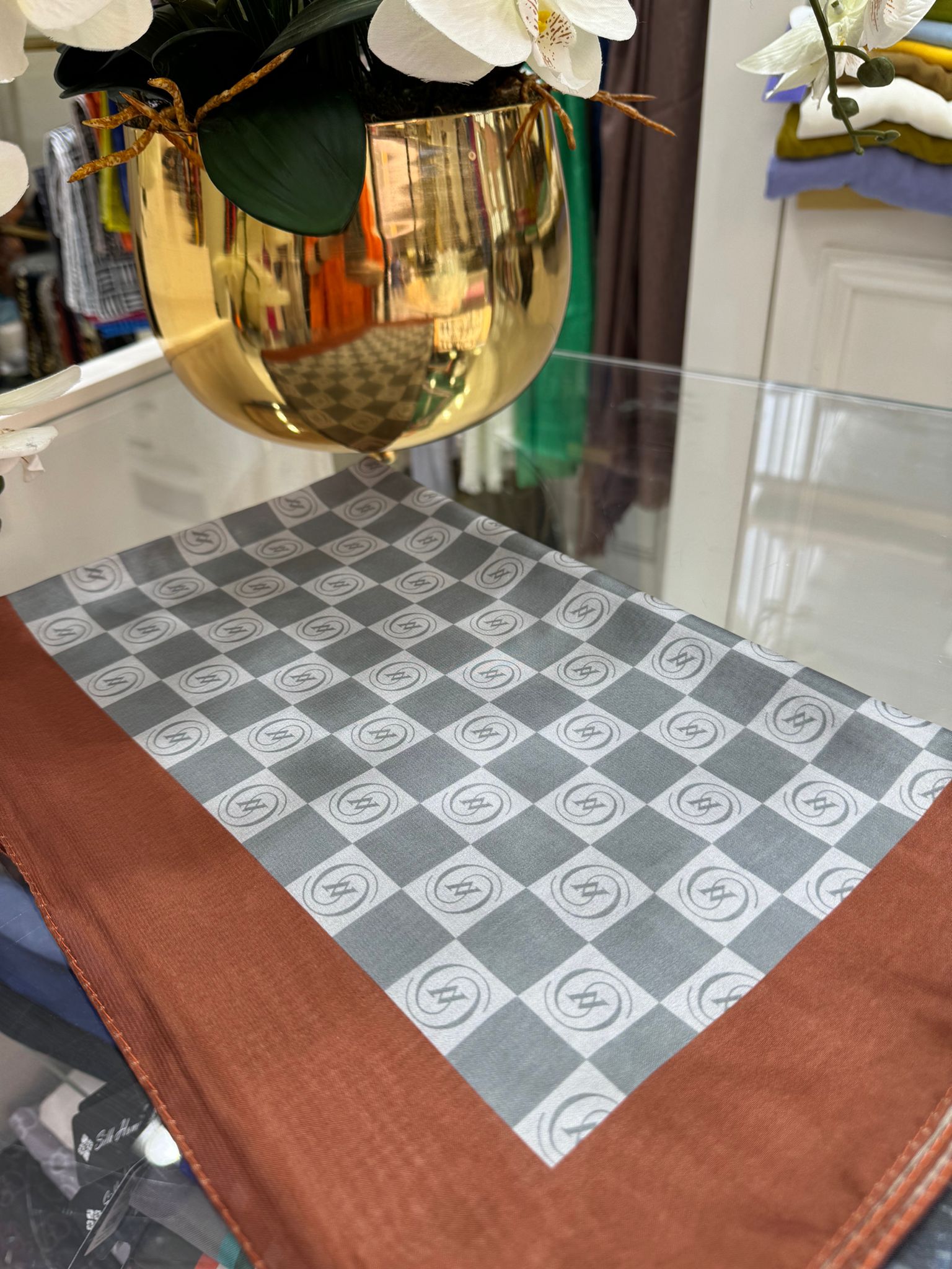 Vakko Monogram Desen İpeksi Şal - Kiremit - Organic ScarfsOrganic Scarfs