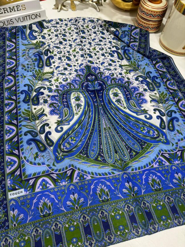 etnik hint deseni pamuk ipek şal -313131 mavi / beyaz